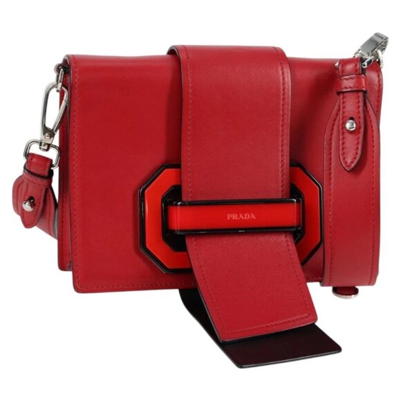 PRADA Chain Shoulder Bag Leather Red Silver Auth - Picture 1 of 16